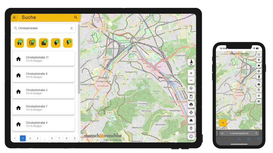 MapEdit Portal auf Tablet und Smartphone